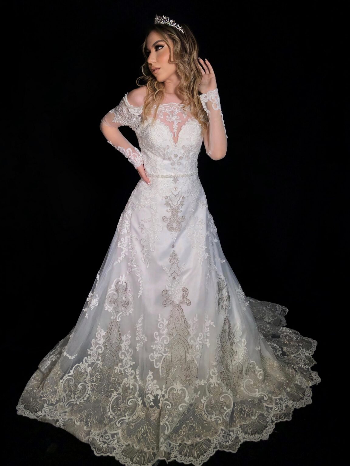 Vestiado Sereia Ombro a Ombro tule Branco com Prata - Imagem 5