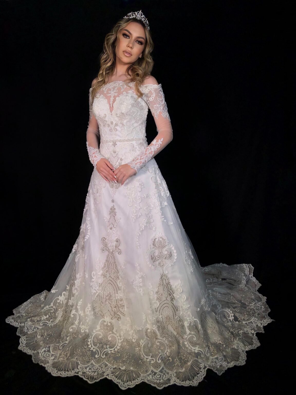 Vestiado Sereia Ombro a Ombro tule Branco com Prata - Imagem 6