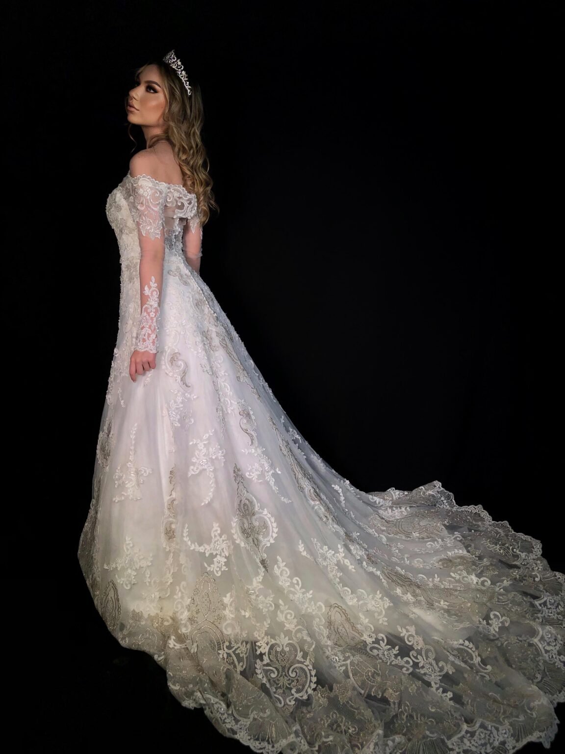 Vestiado Sereia Ombro a Ombro tule Branco com Prata - Imagem 7